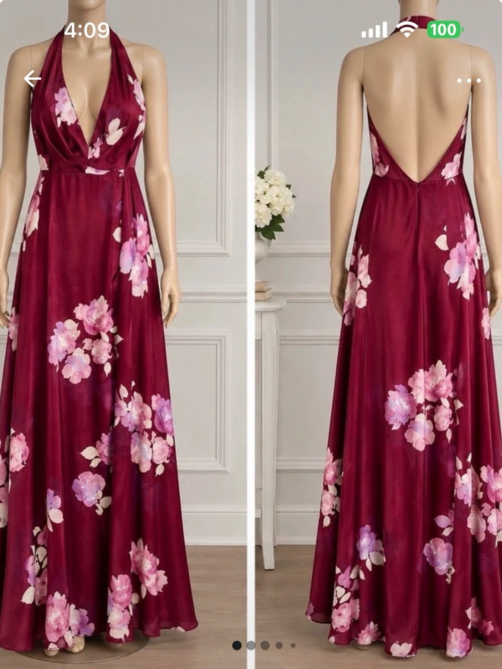 David's Bridal Burgundy Floral Backless Halter Maxi Dress